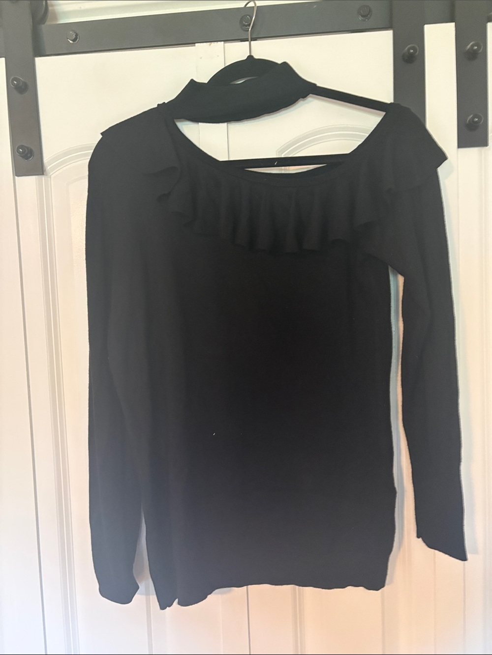 Cyrus Black Long-Sleeve Ruffle Neck Top